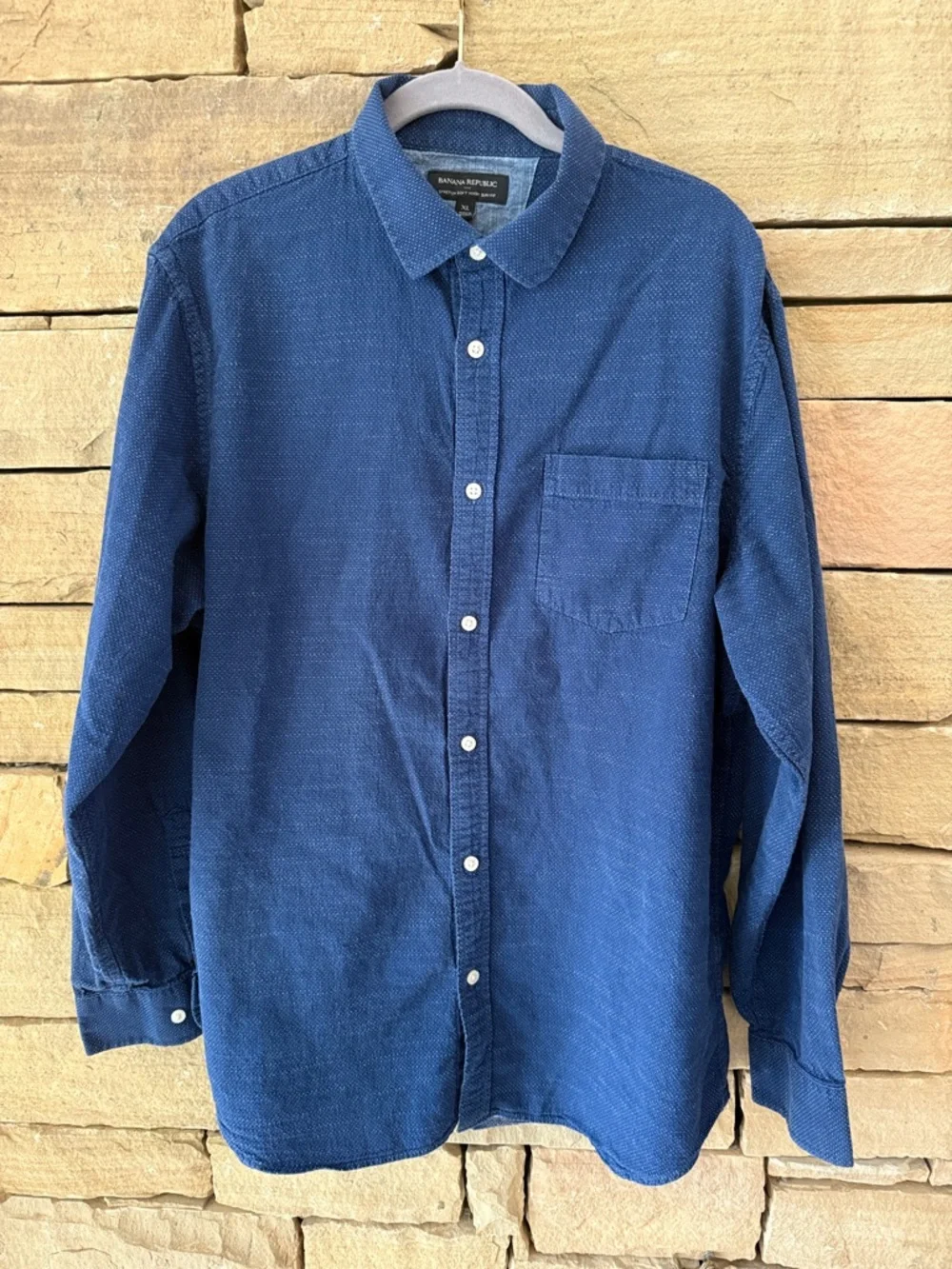 Mens Banana Republic Indigo Textured Long-Sleeve Button-Down Shirt, Tiny Flaw